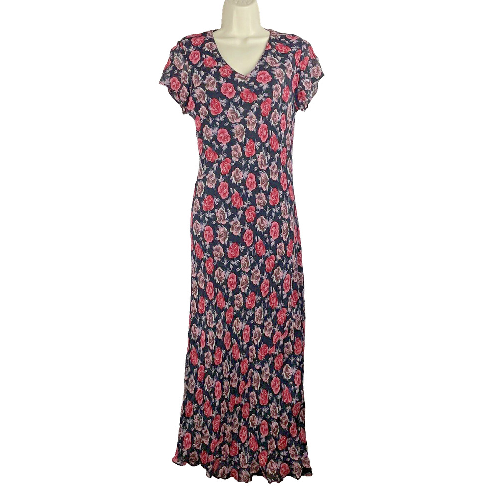 Vintage 90s Eva Blue Maxi Dress Size 6 Black Floral Roses Fairy Grunge Romantic